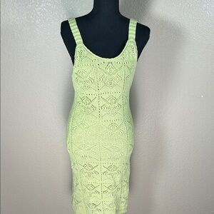 Light Green Crochet Knit Midi Dress Size Medium Boho Beach Coverup